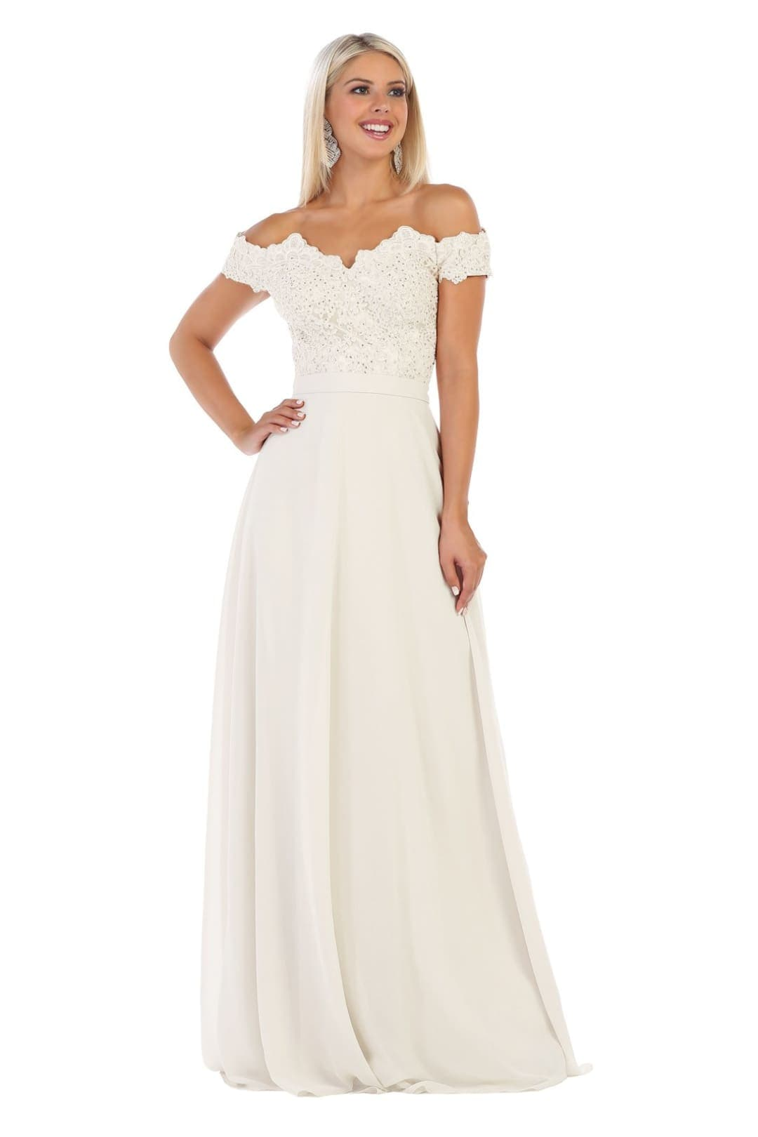 May Queen MQ1601B Off Shoulder Chiffon Long Wedding Ivory Gown - Ivory / 20 May Queen MQ1601B Off Shoulder Chiffon Long Wedding Ivory Gown - Ivory / 20