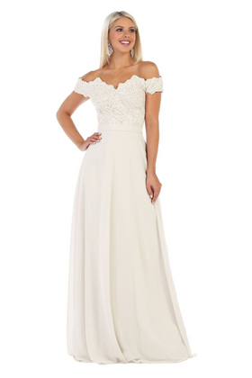 May Queen MQ1601B Off Shoulder Chiffon Long Wedding Ivory Gown