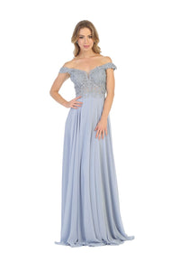 Copy of May Queen MQ1602 Off Shoulder Corset Flowy Prom Gown - Dusty Blue / 2