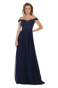 Copy of May Queen MQ1602 Off Shoulder Corset Flowy Prom Gown - Navy / 2