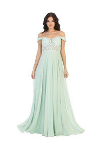 Copy of May Queen MQ1602 Off Shoulder Corset Flowy Prom Gown - Sage / 2