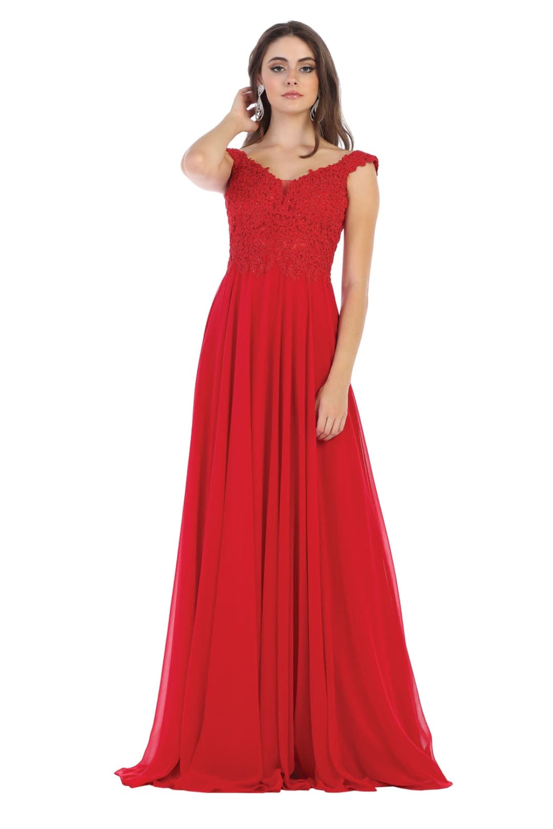 May Queen MQ1602 Off Shoulder Corset Flowy Prom Gown - Red / 2