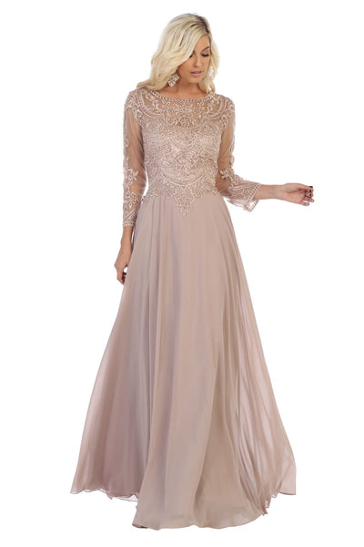 May Queen MQ1615 Embroidered Plus Size Mother Of The Bride Long Dress - Mocha / M - Dress