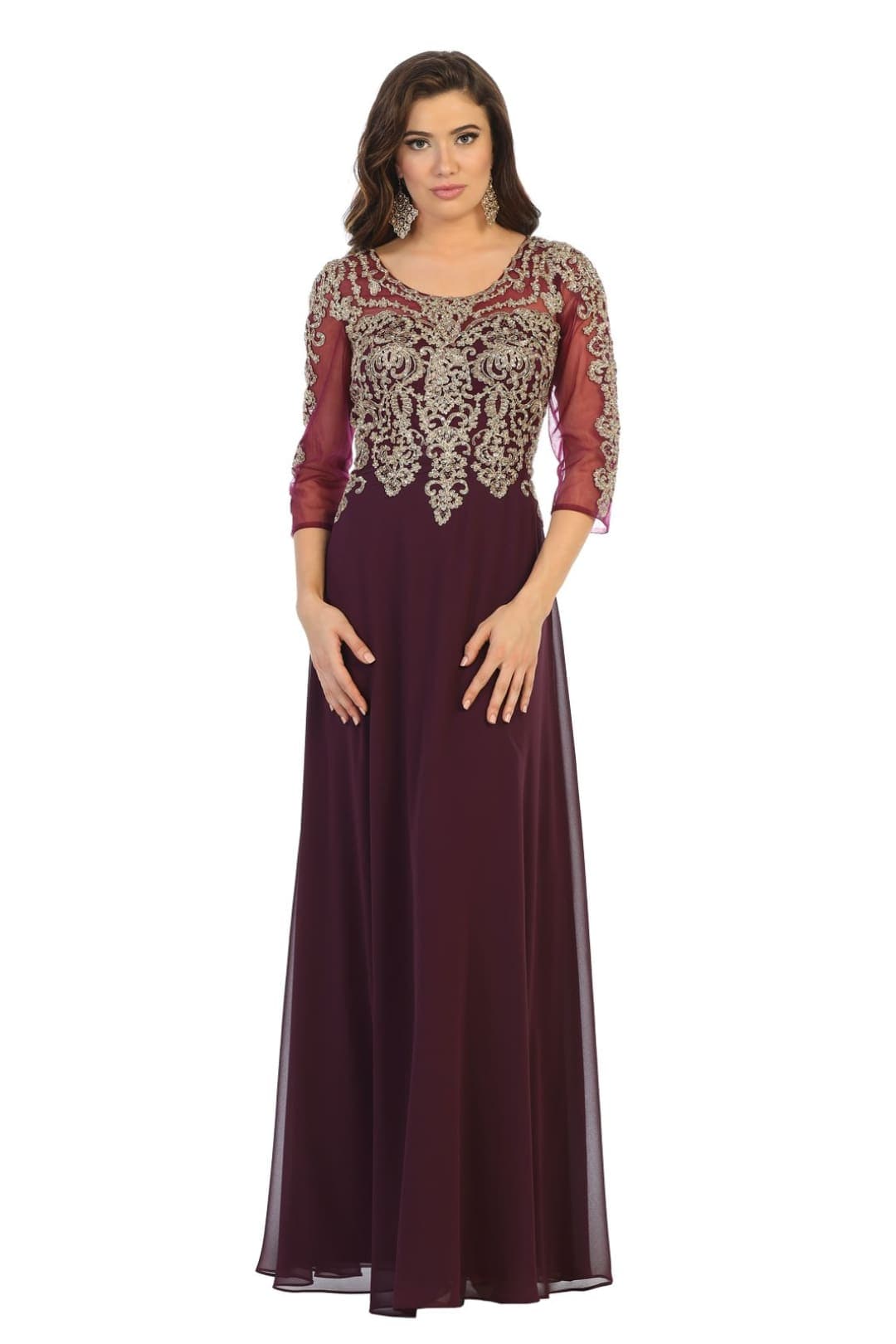 Mother Of The Bride Lace Gown - Eggplant/Gold / M