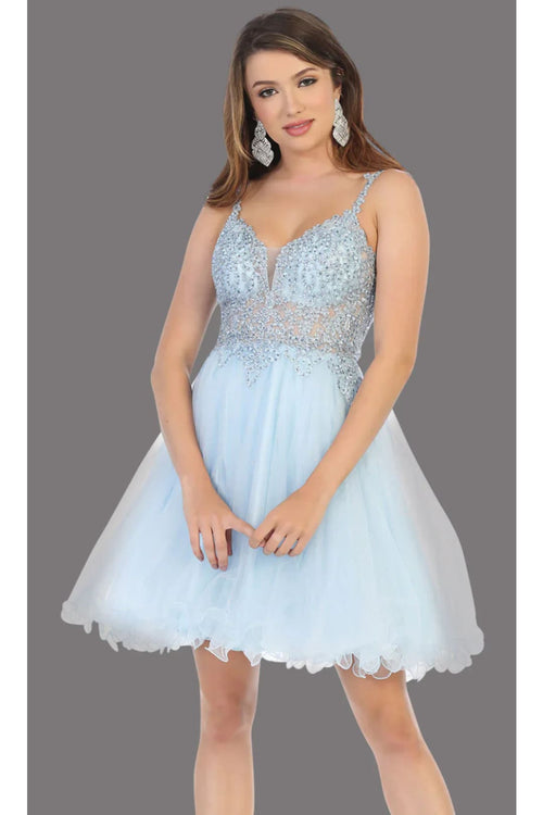 May Queen MQ1693 Lace & Sequin Top Dress - Baby Blue / 2 - Dress