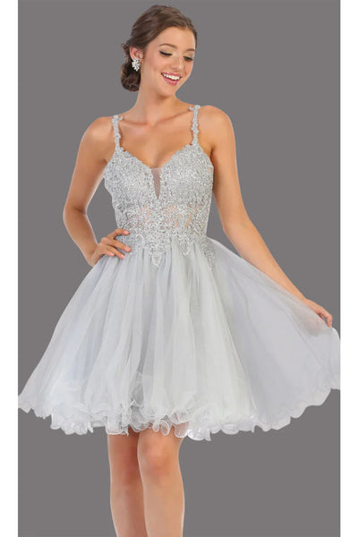 May Queen MQ1693 Lace & Sequin Top Dress - Silver / 2 - Dress
