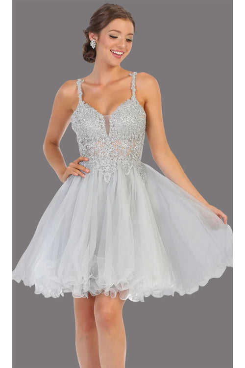 May Queen MQ1693 Lace & Sequin Top Dress - Silver / 2 - Dress
