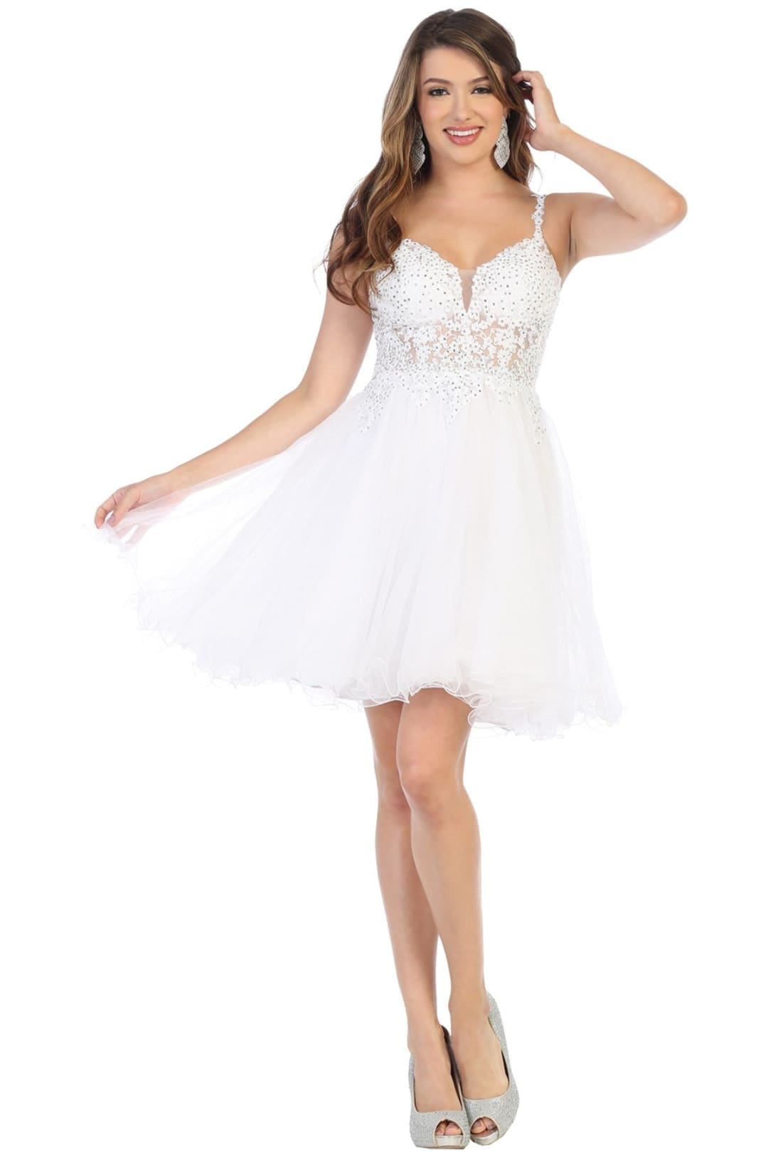 May Queen MQ1693 Lace & Sequin Top Dress - White / 2 - Dress