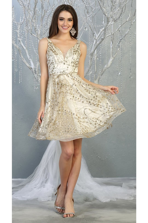 May Queen MQ1702 Short Deep V-Neck Glitter A-Line Dress - Ivory / 4 - Dress