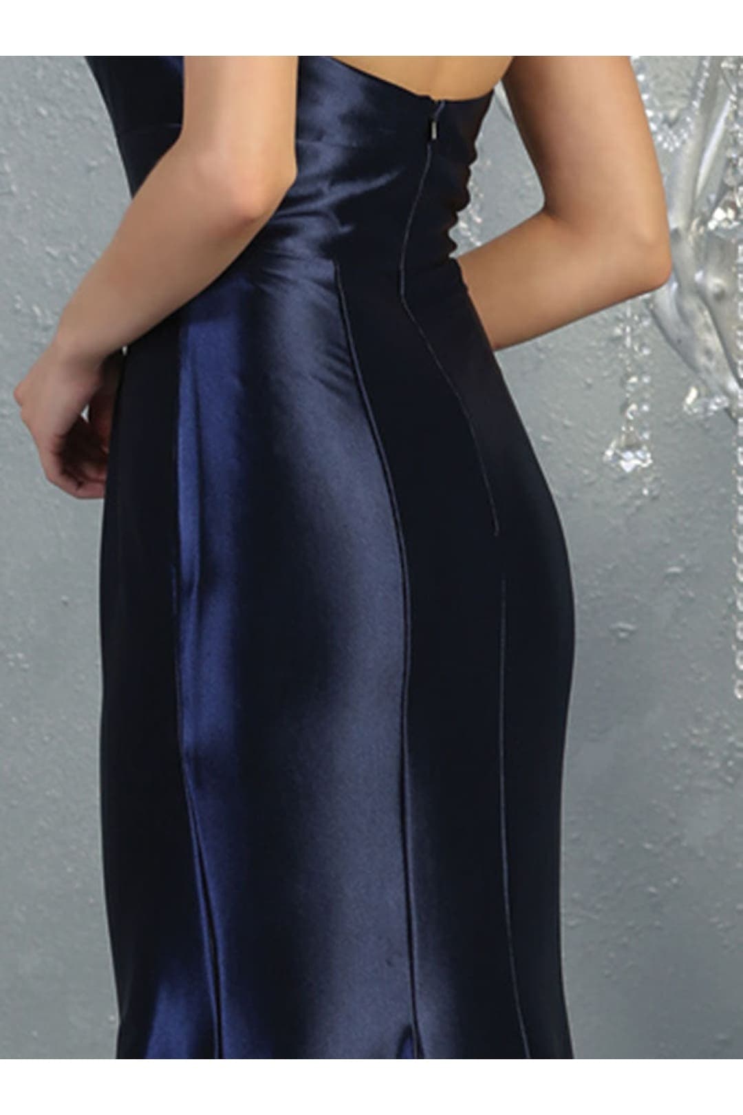 May Queen MQ1741 Halter V Neck With Slit Simple Shiny Evening Dress - NAVY BLUE / 4