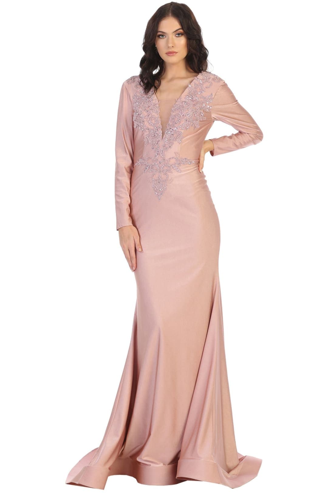EVENING GOWN LONG SLEEVE & PLUS SIZE - Dusty Rose / 6 - Evening Gown