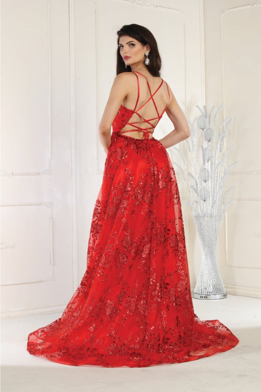 May Queen MQ1787 Glitter V Neck Long Stunning Red Carpet Formal Gown - Dress