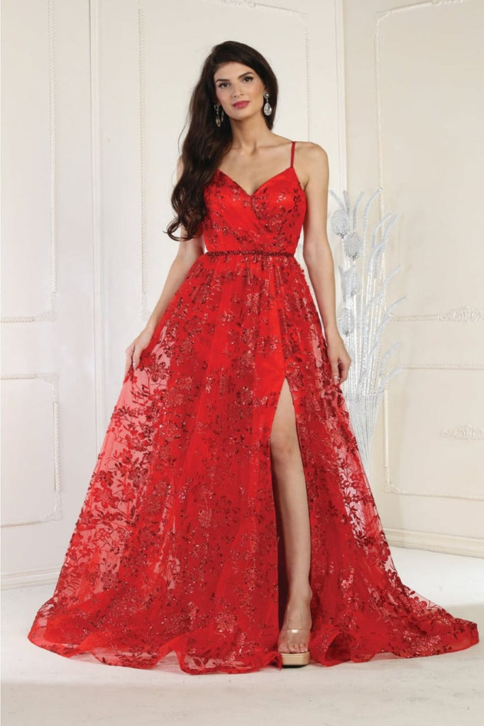 May Queen MQ1787 Glitter V Neck Long Stunning Red Carpet Formal Gown - Dress