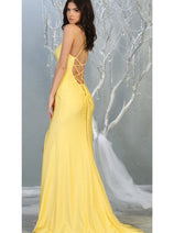 Strappy Exposed Back Fitted Yellow Prom Dress with Slit MQ1820Y