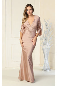 May Queen MQ1831 V-Neck Ruched Sheath Evening Gown - MOCHA / 6