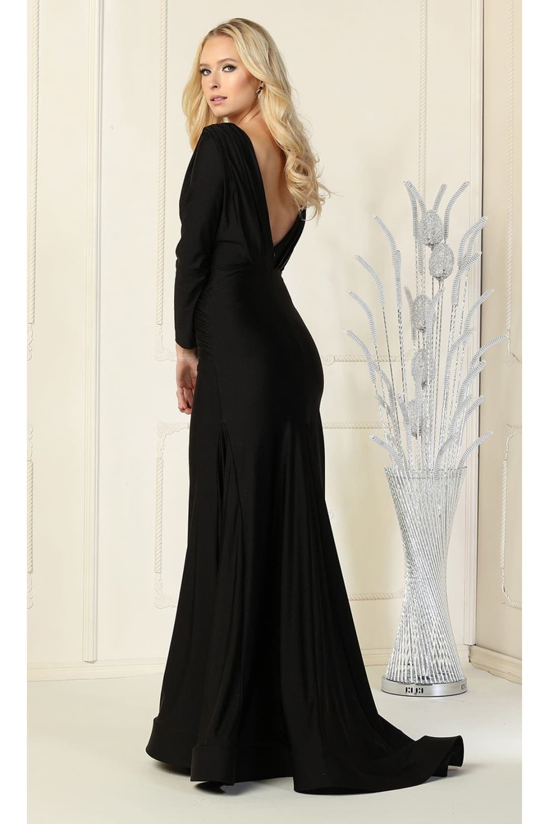 Long Sleeve Formal Gown Stretchy Bodycon Mermaid V-Neck Evening Dress