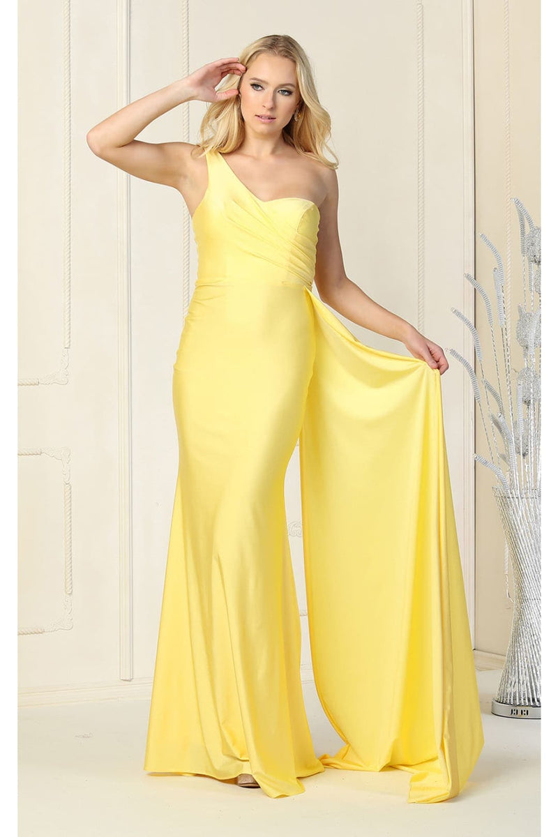 May Queen MQ1834Y Stretchy Simple One Shoulder Yellow Prom Dress - YELLOW / 6 - Dress