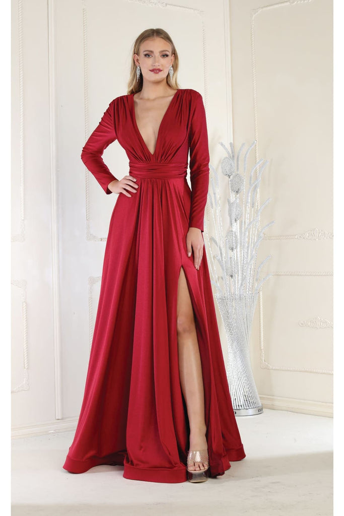 May Queen MQ1835 Long V Neck Formal Evening Dress - BURGUNDY / 4