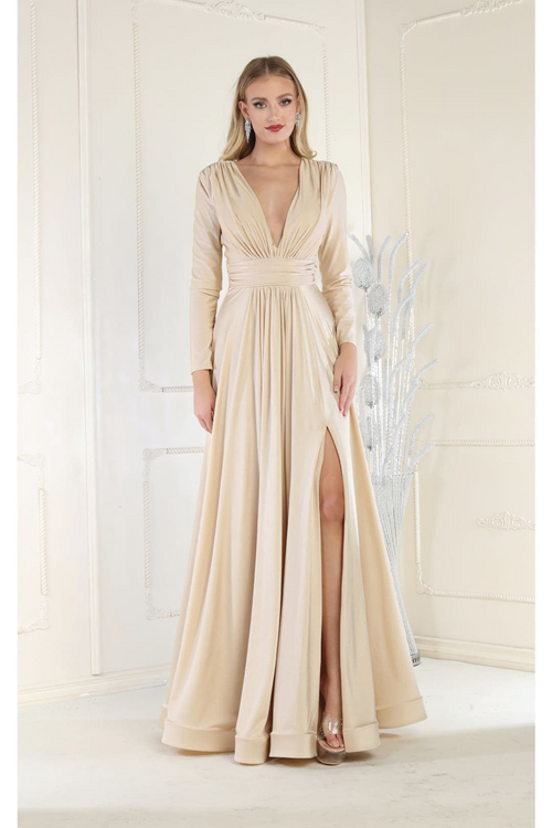 May Queen MQ1835 Long V Neck Formal Evening Dress - CHAMPAGNE / 4