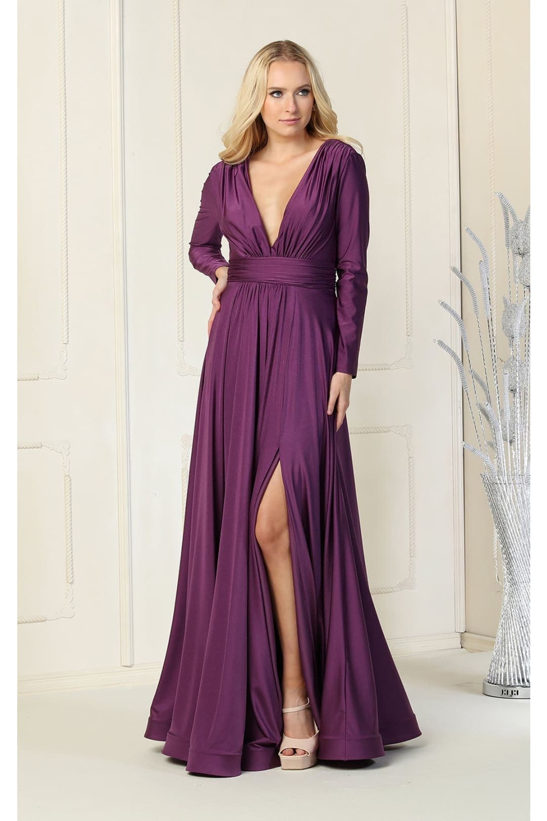 Long Sleeve Stretchy Gown - LA1835 - EGGPLANT / 4