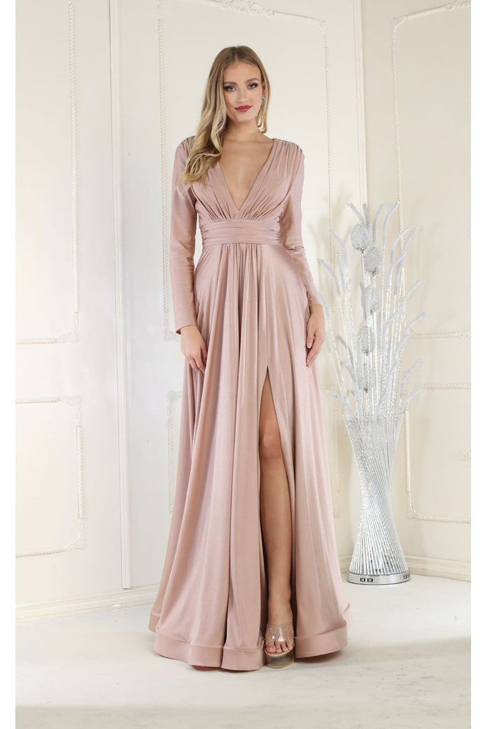 May Queen MQ1835 Long V Neck Formal Evening Dress - MAUVE / 4