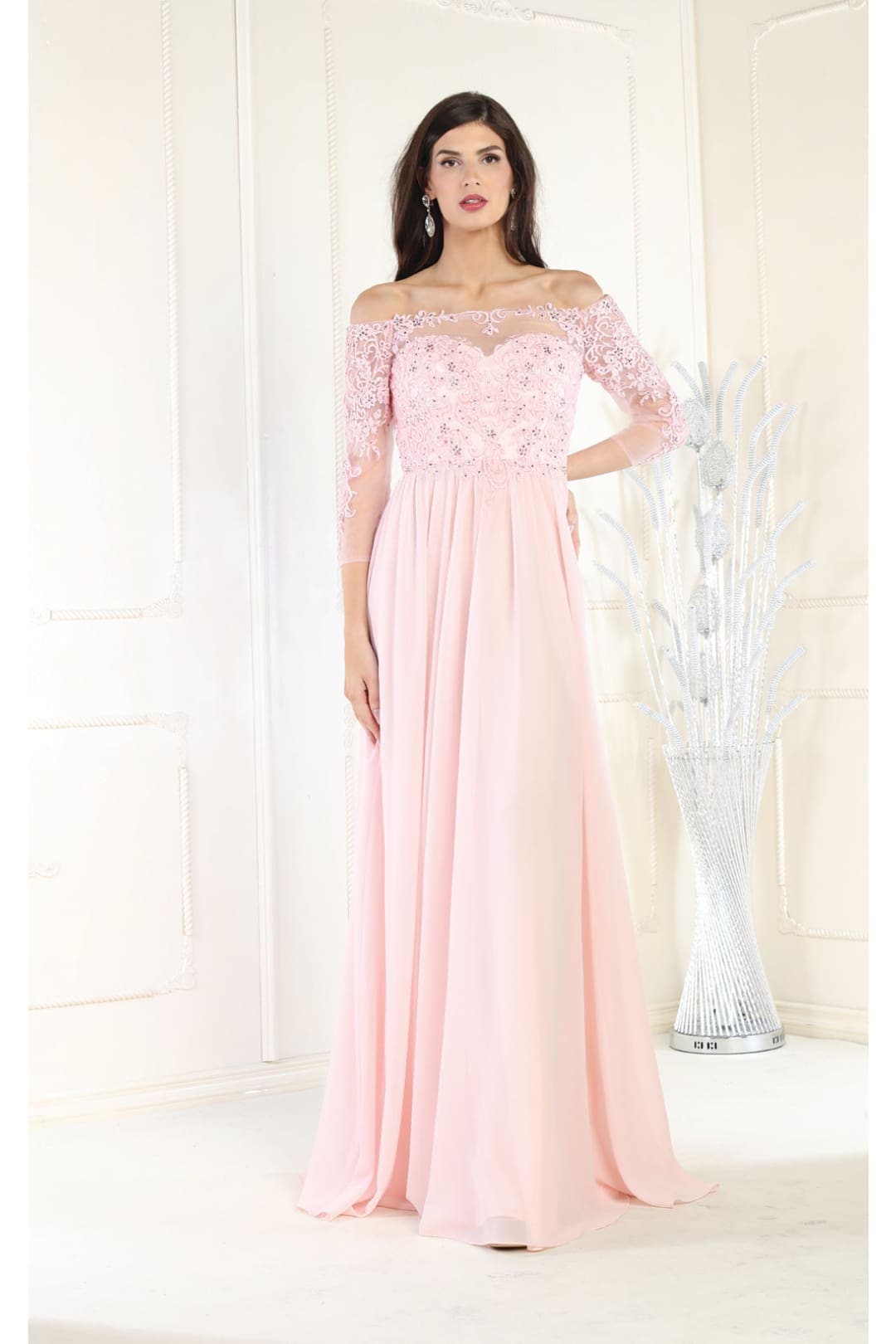 May Queen MQ1853 Off Shoulder Embroidered Plus Size Formal Gown - DUSTY ROSE / 6