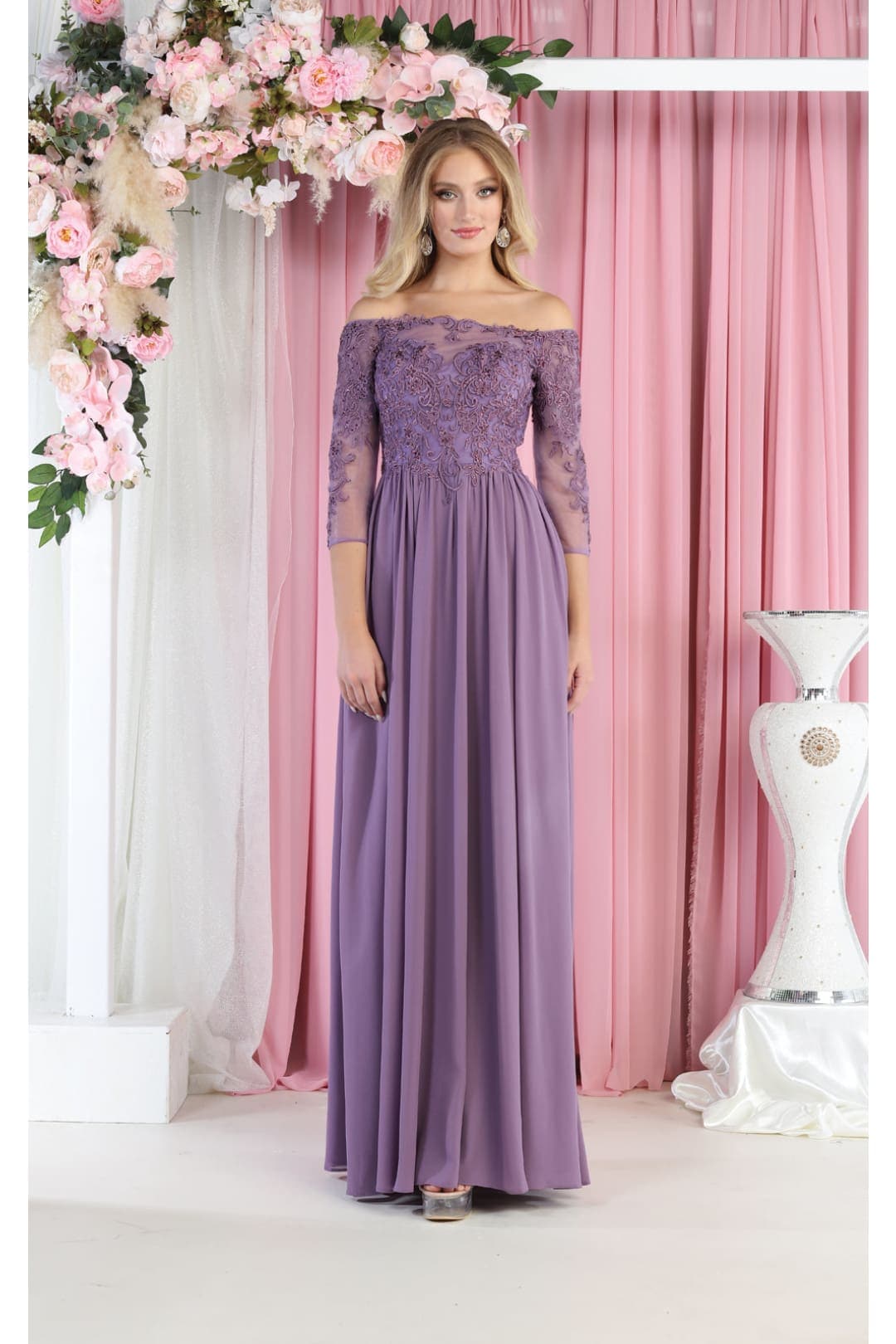 May Queen MQ1853 Off Shoulder Embroidered Plus Size Formal Gown - VICTORIAN LILAC / 6