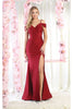 May Queen MQ1855 Long Slit Cold Shoulder Bodycon Prom Dress - BURGUNDY / 4