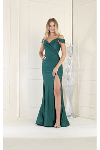 May Queen MQ1855 Long Slit Cold Shoulder Bodycon Prom Dress - HUNTER GREEN / 4