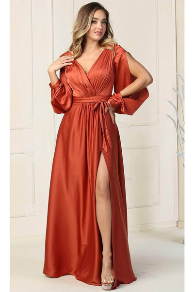 May Queen MQ1857 Split Long Sleeve High Slit Simple Evening Gown - Dress