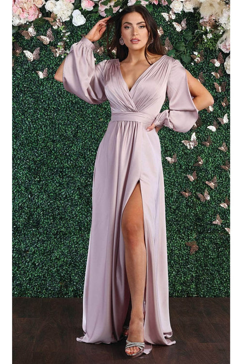 May Queen MQ1857 Split Long Sleeve High Slit Simple Evening Gown - Dress
