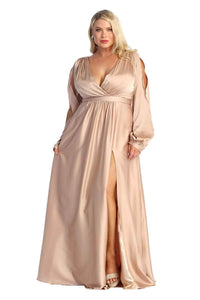 May Queen MQ1857 Split Long Sleeve High Slit Simple Evening Gown - Dress