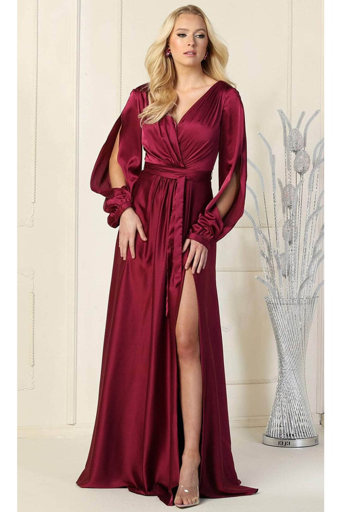 May Queen MQ1857 Split Long Sleeve High Slit Simple Evening Gown - Dress