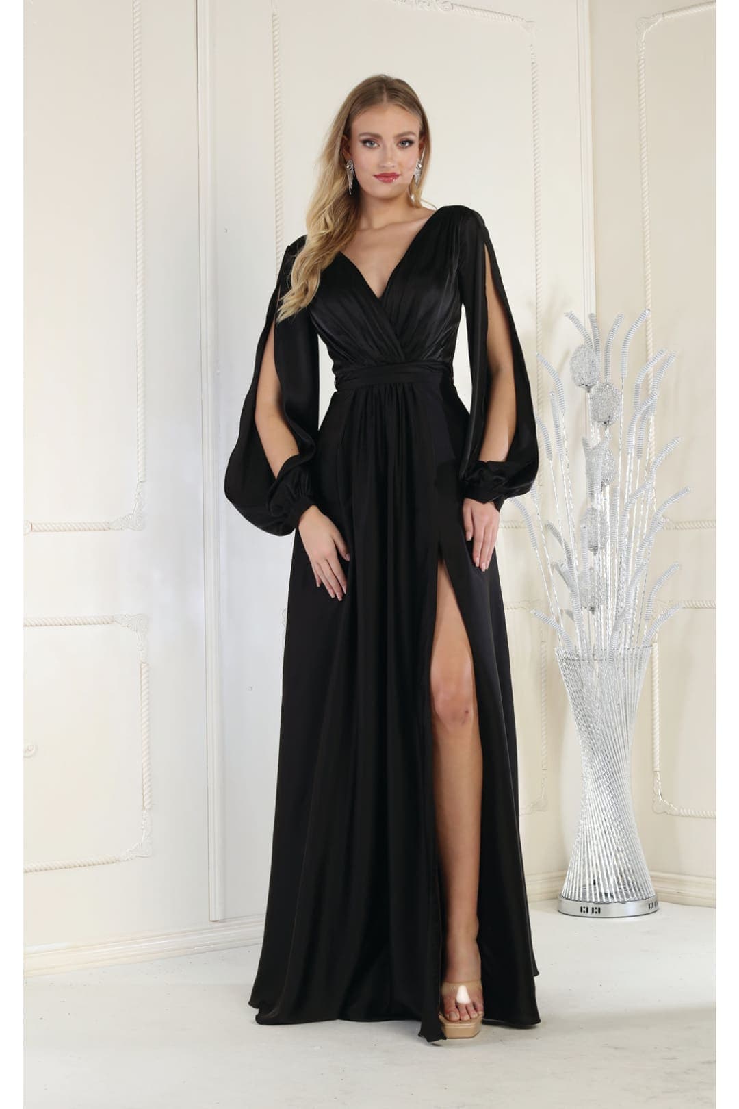May Queen MQ1857 Split Long Sleeve High Slit Simple Evening Gown - BLACK / 4