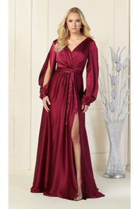 Split Long Sleeve Evening Gown - MAGENTA / 4