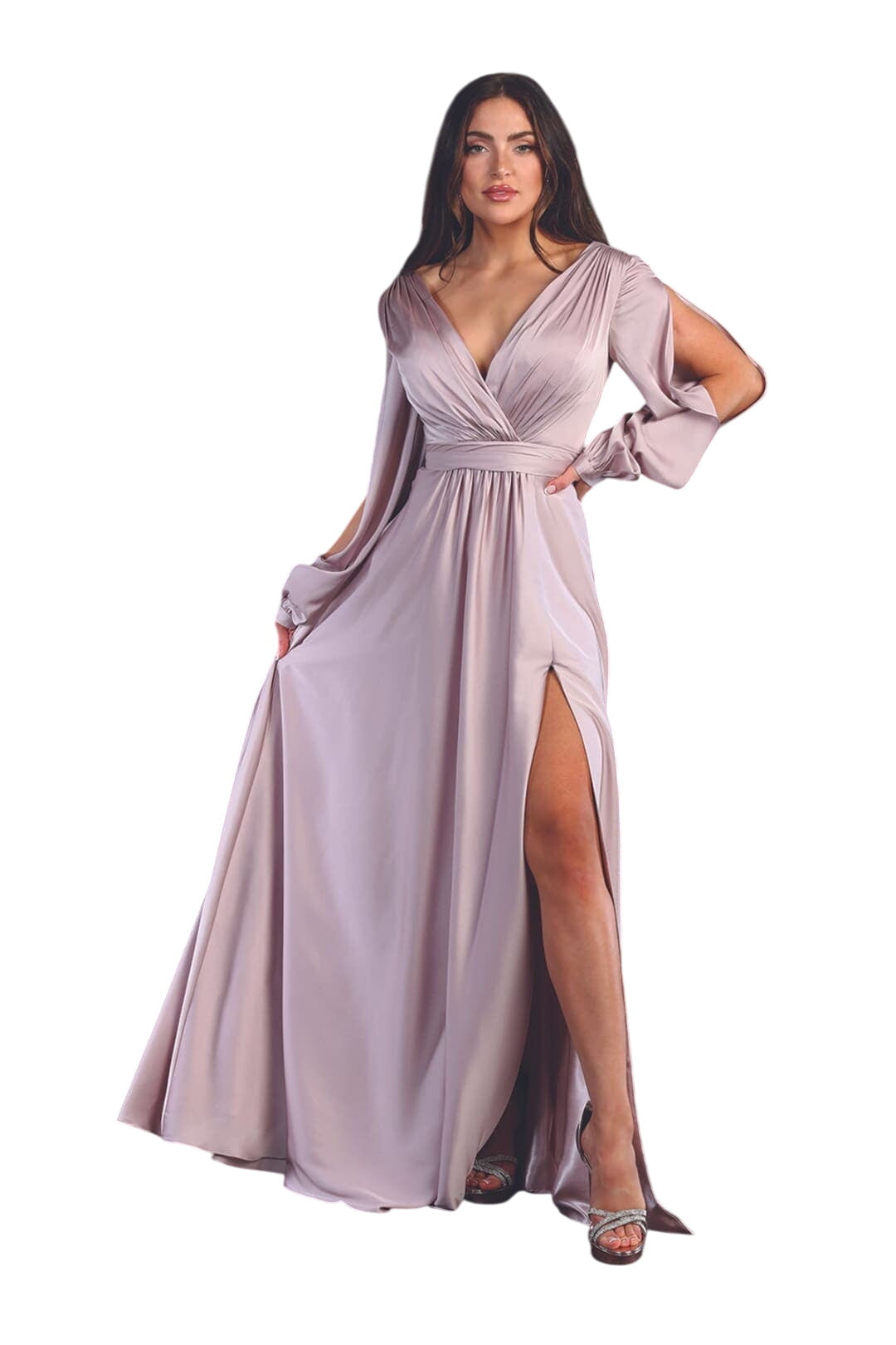 Split Long Sleeve Evening Gown - MAUVE / 4