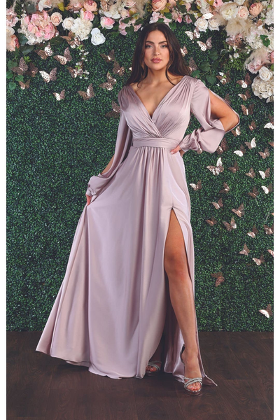 Split Long Sleeve Evening Gown - MAUVE / 4