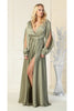 Split Long Sleeve Evening Gown - OLIVE / 4