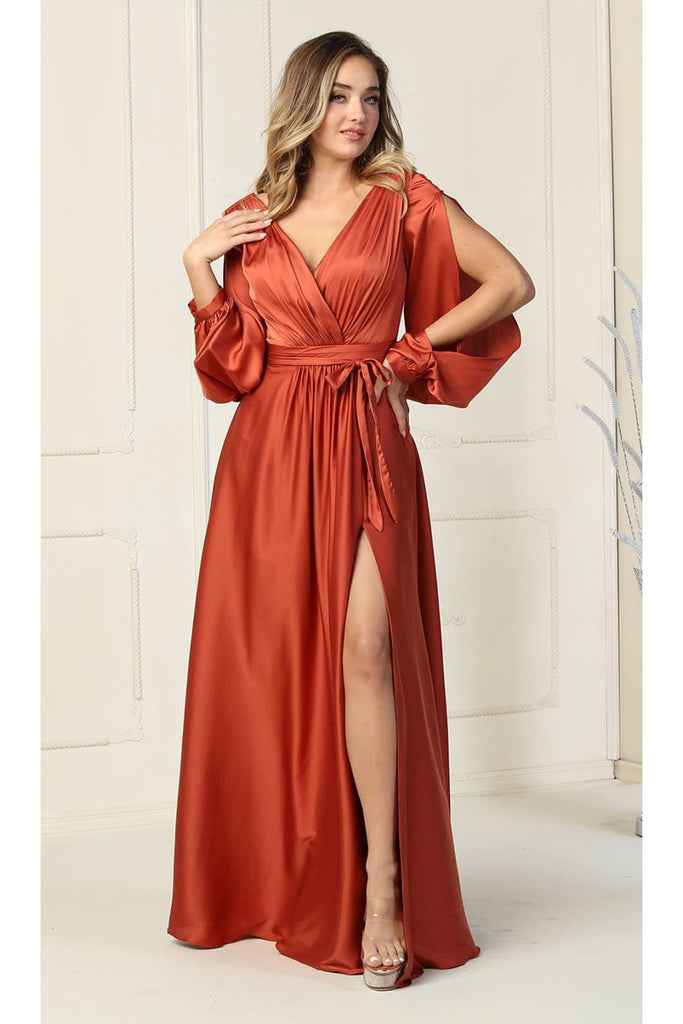 Split Long Sleeve Evening Gown - RUST / 4