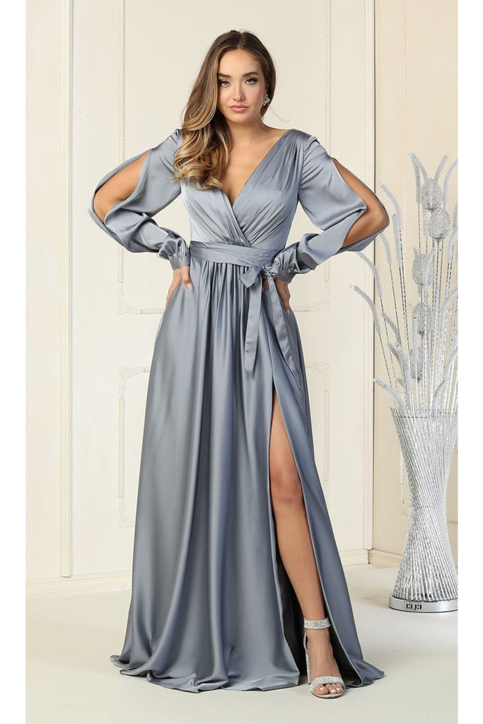 Split Long Sleeve Evening Gown - TEAL GREEN / 4