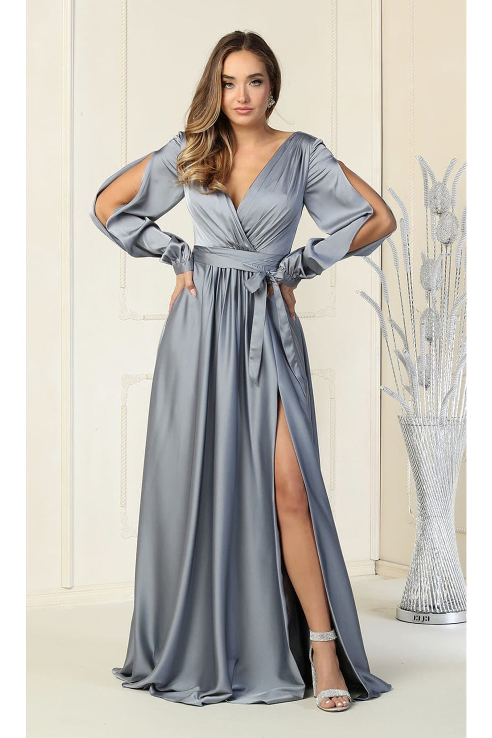 May Queen MQ1855B Black Evening High Slit Dress