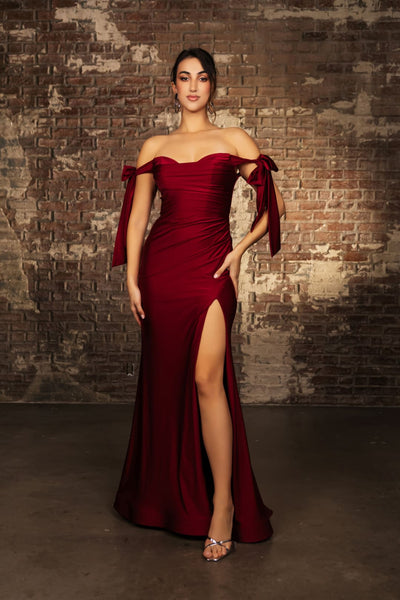 May Queen MQ1858 Stretchy Ruched Off The Shoulder Prom Dress - BURGUNDY / 22 - Dress