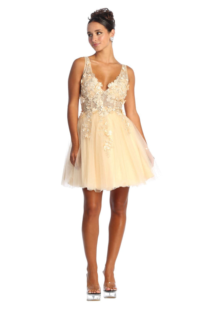 Short Prom Floral Dress - CHAMPAGNE / 2