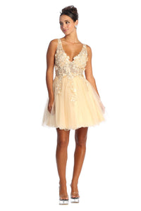 Short Prom Floral Dress - CHAMPAGNE / 2