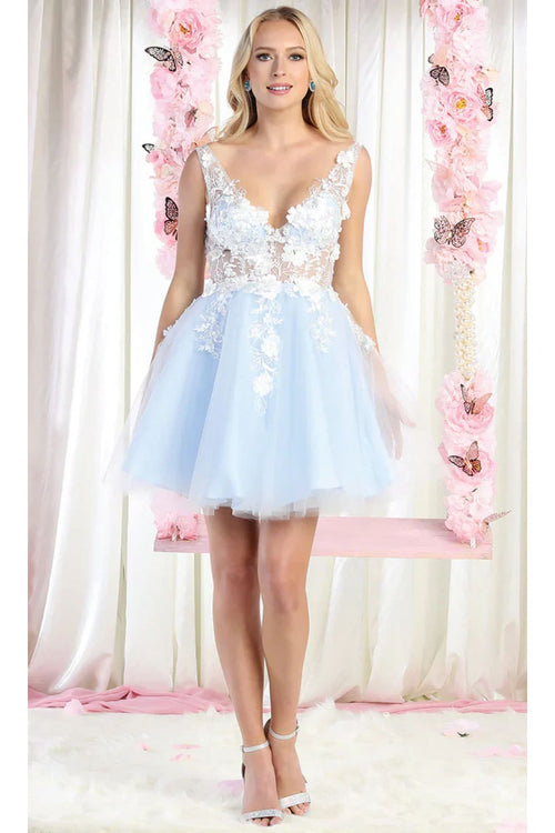 May Queen MQ1863 Floral Appliqué Embroidery Dress - Baby Blue / 6 - Dress