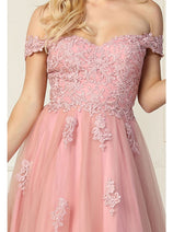 May Queen MQ1866 Off The Shoulder Prom Embroidered Mesh A-line Gown