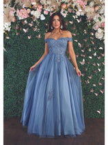 May Queen MQ1866 Off The Shoulder Prom Embroidered Mesh A-line Gown