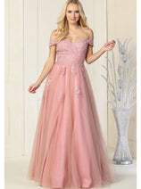 May Queen MQ1866 Off The Shoulder Prom Embroidered Mesh A-line Gown