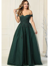 May Queen MQ1866 Off The Shoulder Prom Embroidered Mesh A-line Gown