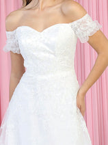 May Queen MQ1867B Short Puff Off Shoulder Glitter Ivory Wedding Gown
